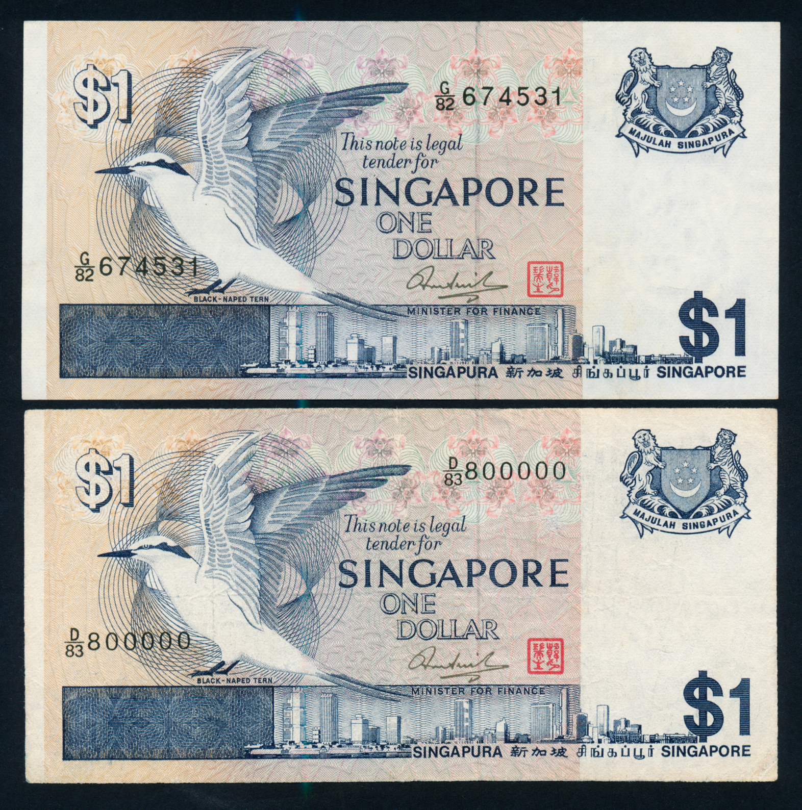 Singapore Bird 1976 $1 Fancy Number D/83 800000, G/82 674531 VF-EF 